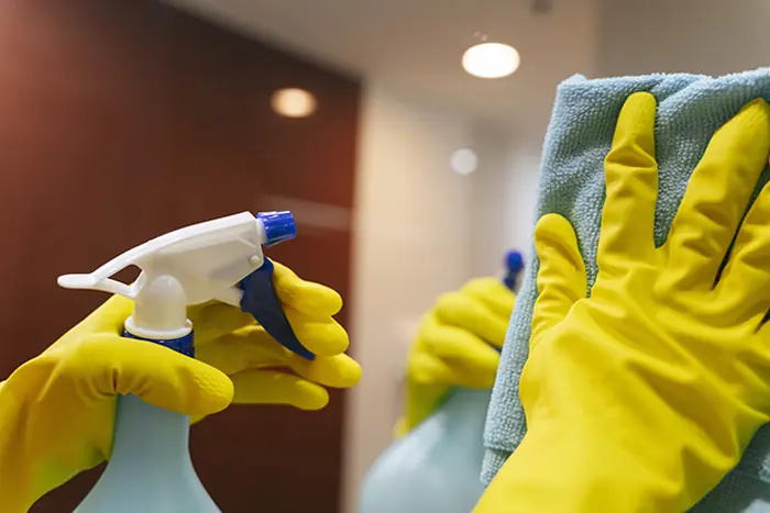 Maid cleaning a mirror